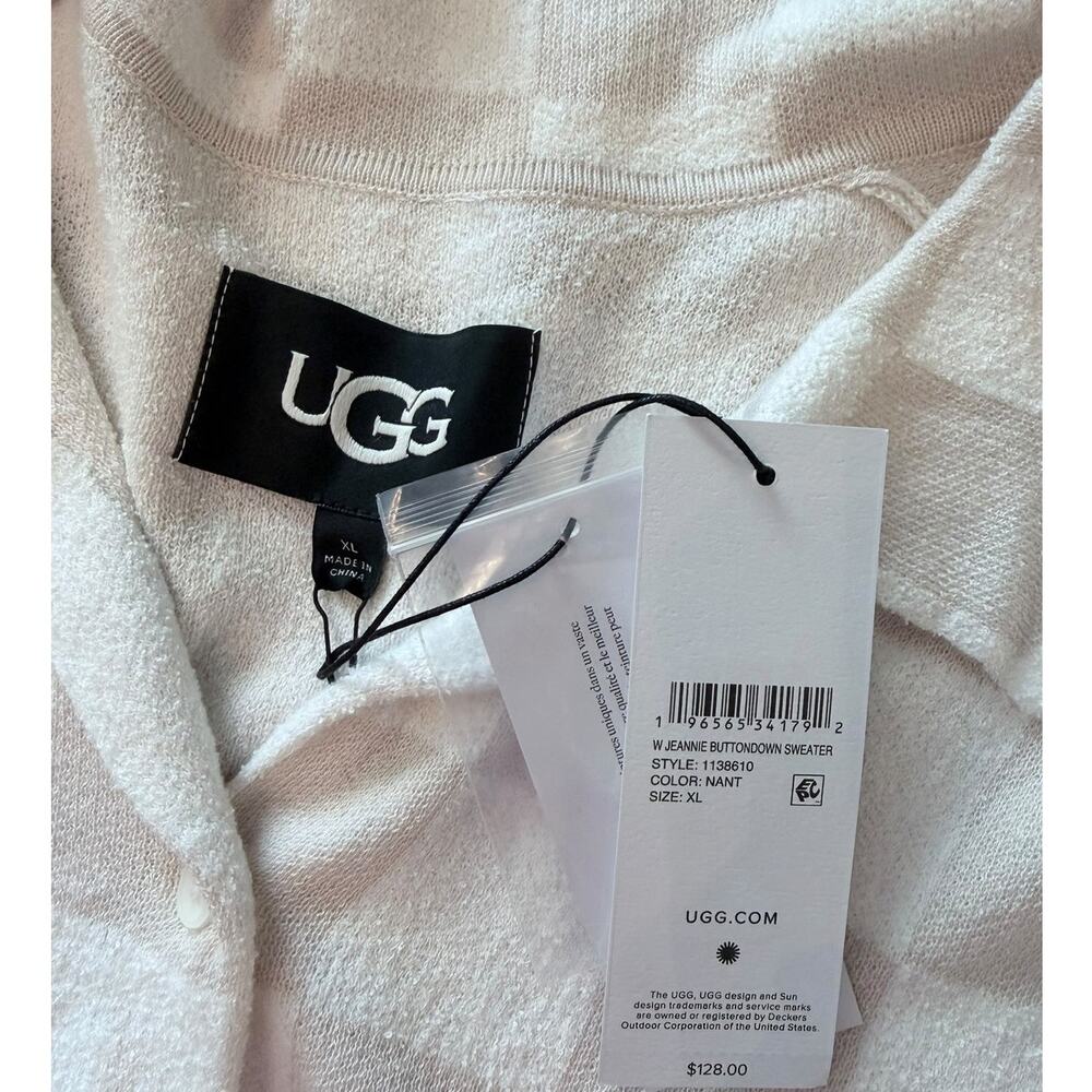 UGG Jeannie Button-Down Short Sleeve Sweater Cream Tan Check Size XL NWT - Picture 3 of 5